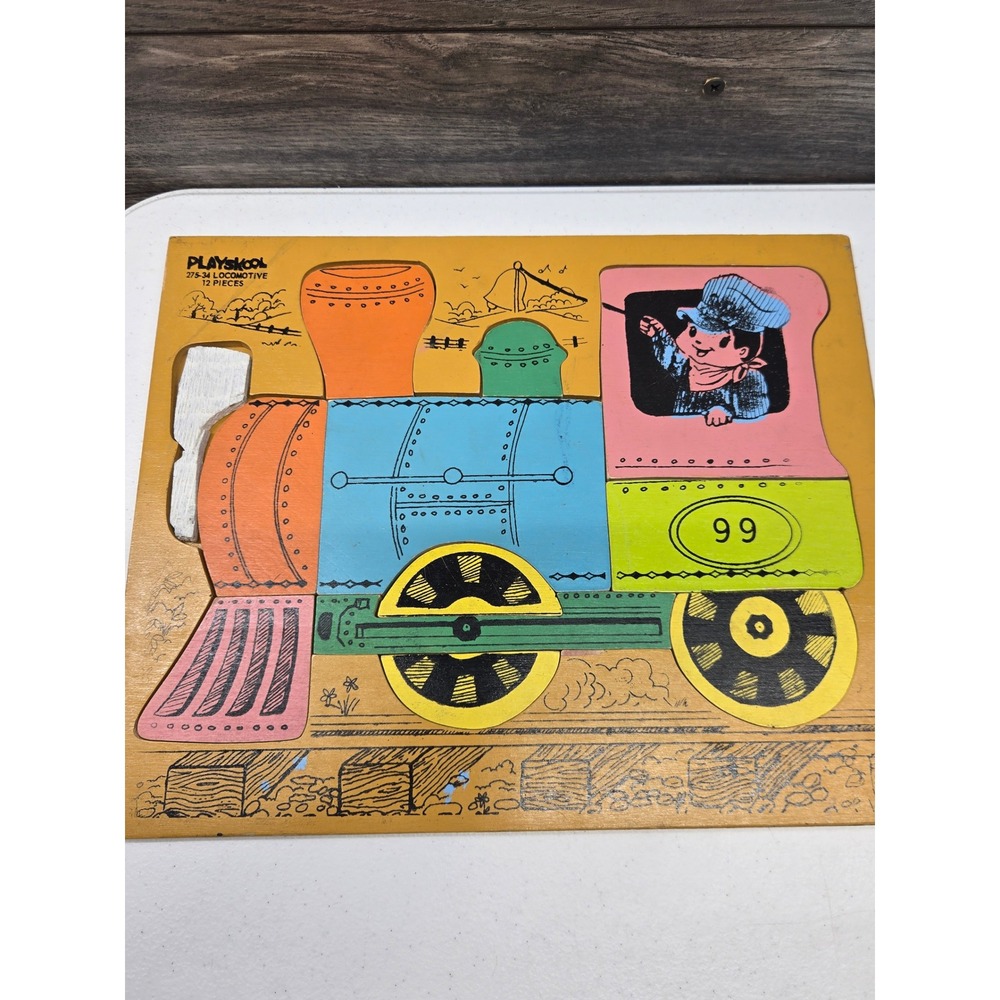 Vintage Playskool 275-34 Locomotive Wooden Puzzle 12 Pieces Train Conductor 99